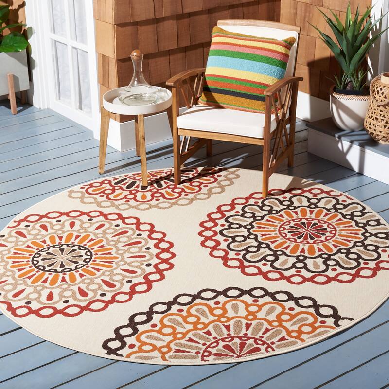 SAFAVIEH Veranda Elsi Geometric Medallion Indoor/Outdoor Area Rug - 3' Round - Creme/Red