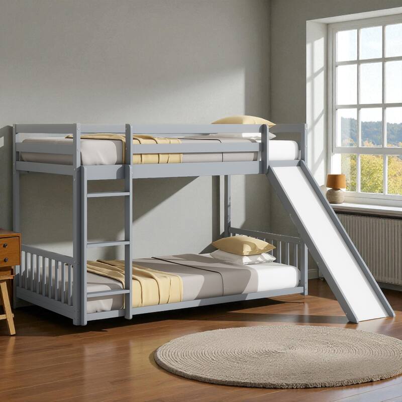 Solid Pine Wood Twin Over Twin Bunk Bed with Slide, Door, Ladder, and Guardrails, Convertible Floor Bunk Bed for Kids