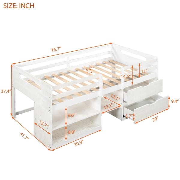dimension image slide 2 of 3, Twin size Loft Bed with Two Shelves and Two Drawers