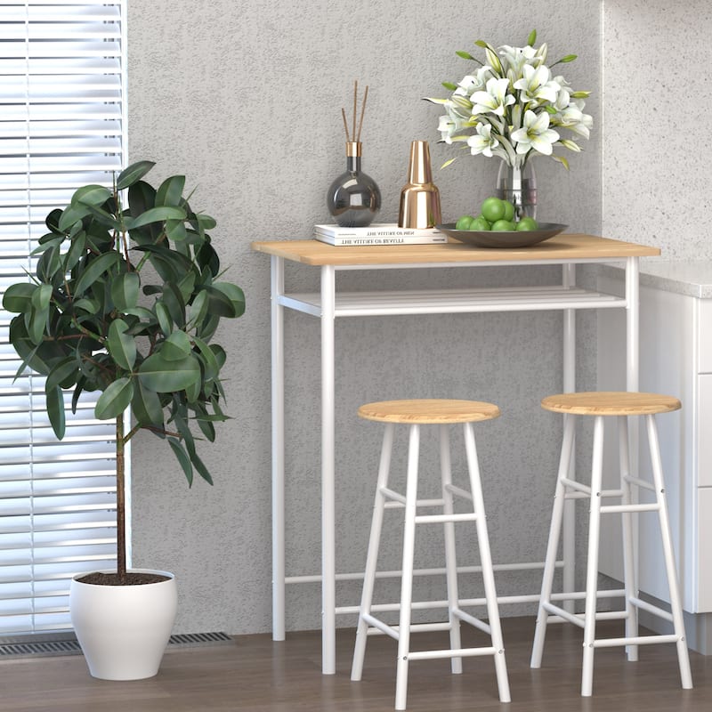 3-Piece Space-Saving Modern Bar Table and Stools Set with 2 Different Height Footrest for Pub
