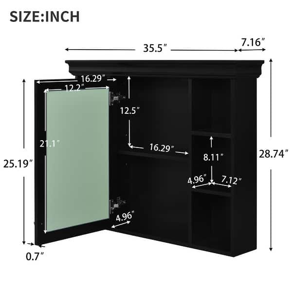 35'' x 28''Black Wall-Mounted Bathroom Cabinet with Mirror Door, Featuring 6 Shelves