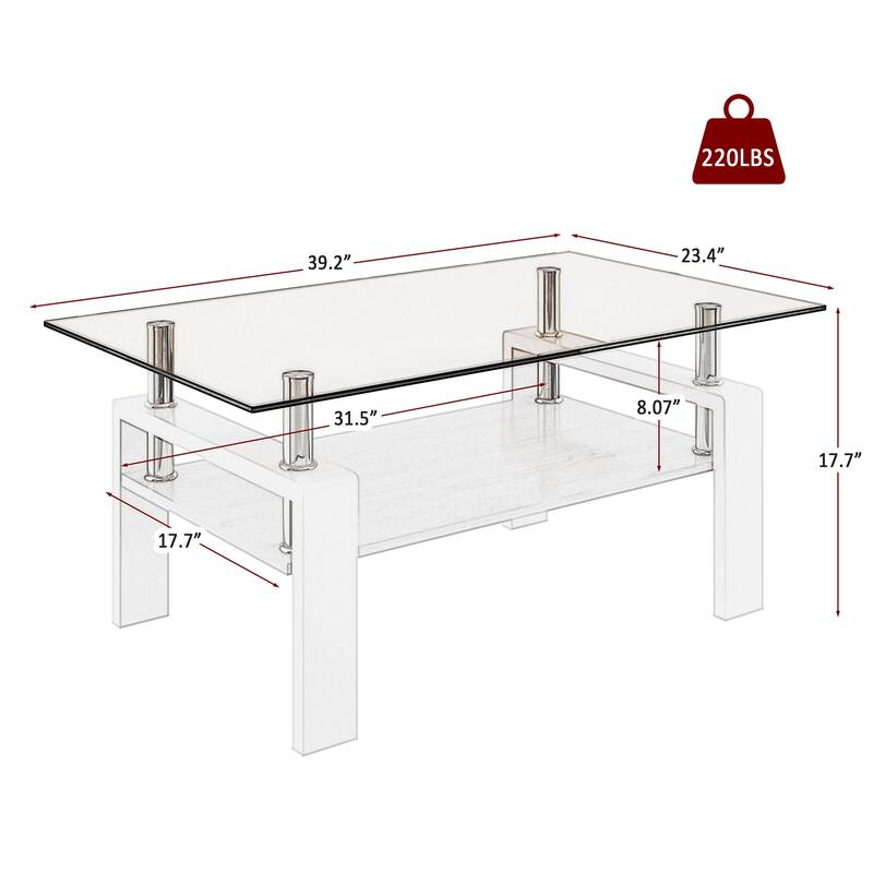 Rectangle Coffee Table, Tempered Glass Tabletop with MDF Layer, Modern Table for Living Room, Brown Glass