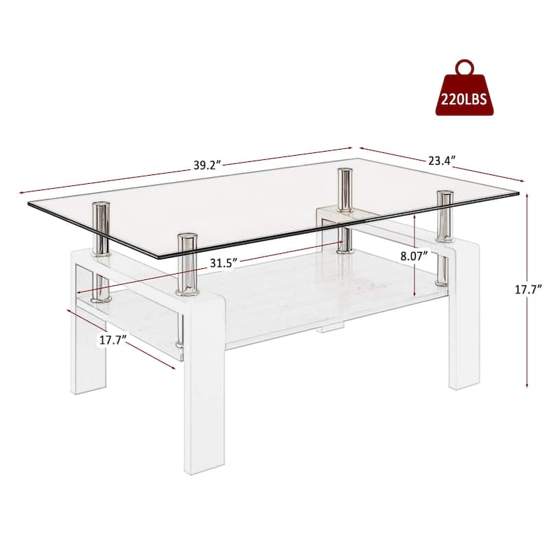 Rectangle Coffee Table, Tempered Glass Tabletop with MDF Layer, Modern Table for Living Room , Brown Glass