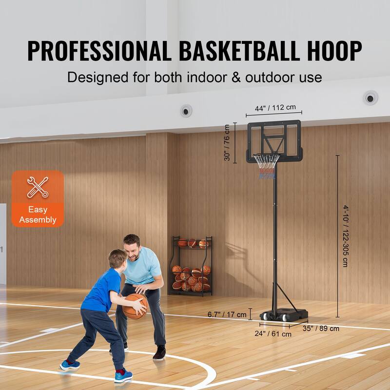 44" Backboard Portable Basketball Hoop System, Adjustable 4-10ft - 44 inches