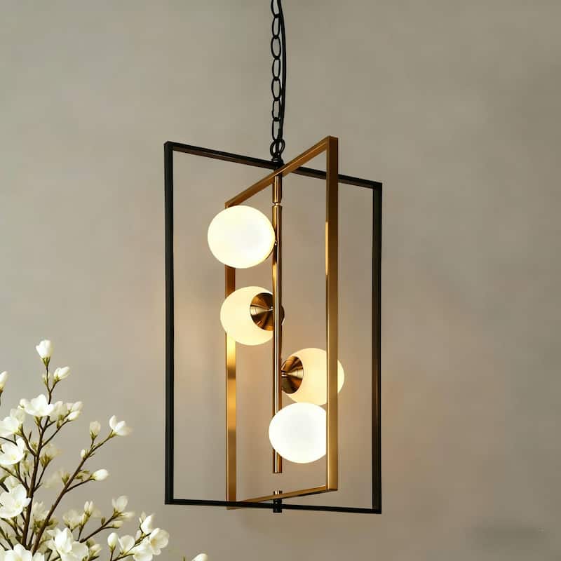 Modern Contemporary 4-Light Black Gold LED Chandelier Geometric Pendant Lights for Dining Room - 14.5" L x 13" W x 25.5" H