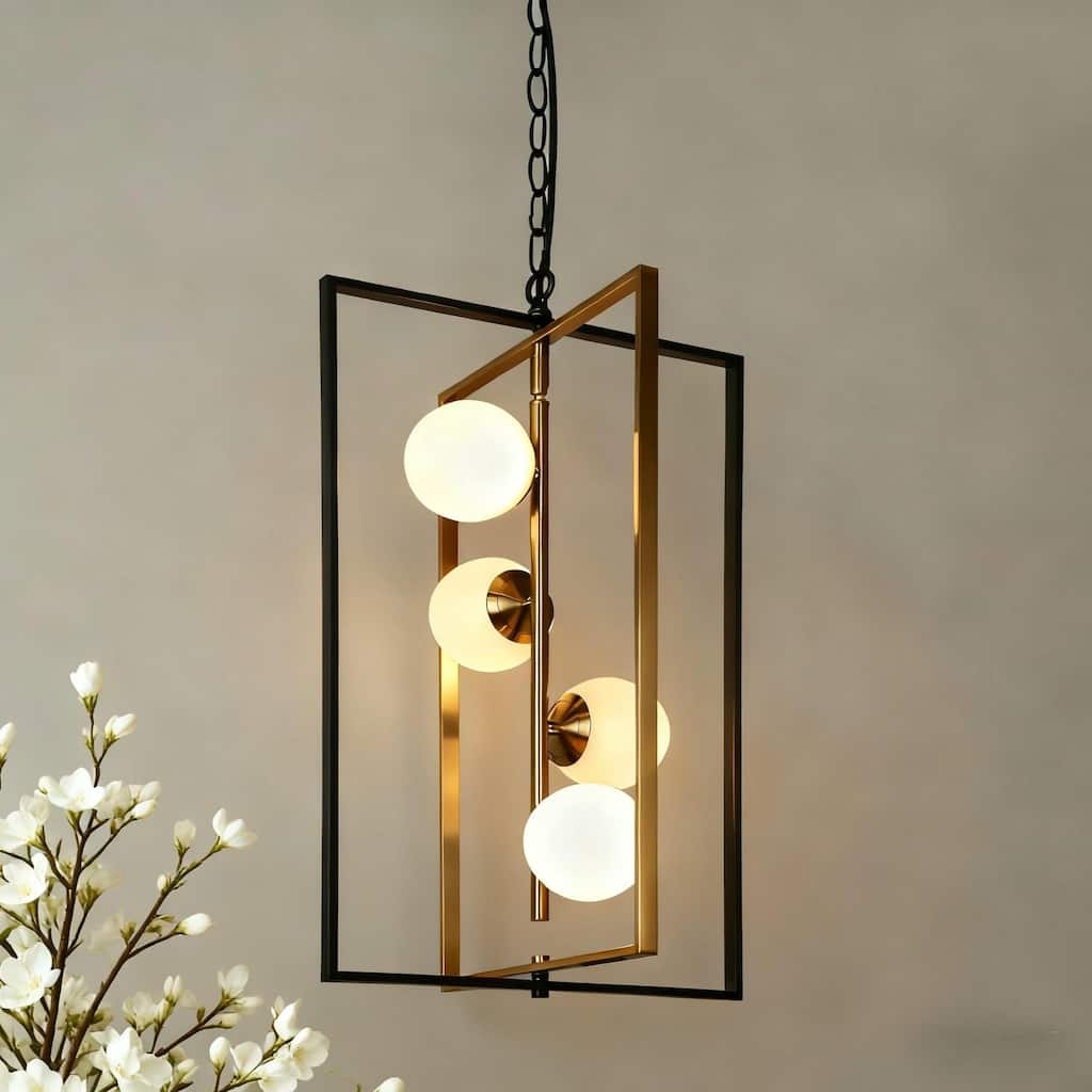 Modern Contemporary 4-Light Black Gold LED Chandelier Geometric Pendant Lights for Dining Room - 14.5" L x 13" W x 25.5" H