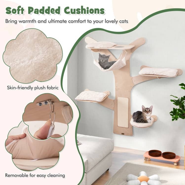 Wall-Mounted Cat Tower with Hammock Platforms and Sisal Scratching Mat - 5th Platform: 16.5" x 14.5" (L x W)
