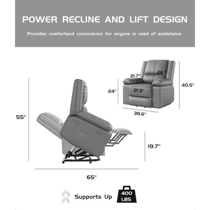 Leather Power Lift Recliner with Heat & Massage, Pockets for Elderly
