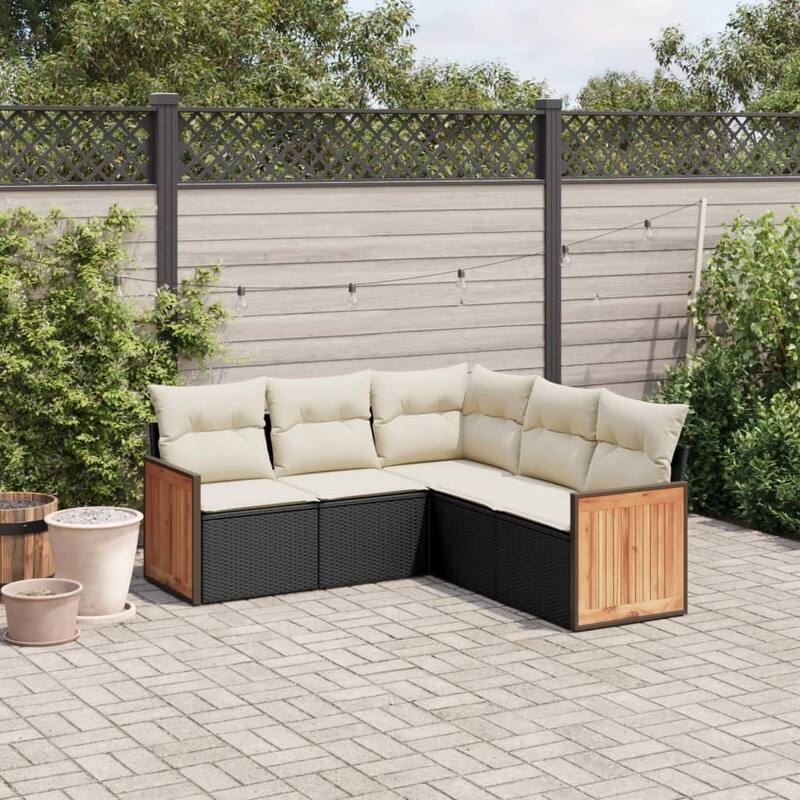 vidaXL Patio Sofa Set with Cushions Outdoor Conversation Furniture Poly Rattan - Black and Cream - 24.4 x 24.4 x 27.2