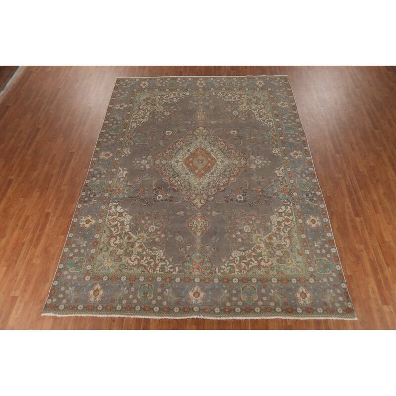Gray Distressed Tabriz Persian Vintage Area Rug Handmade Wool Carpet - 9'7"x 13'0"