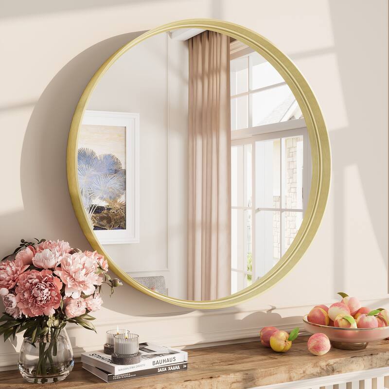 Round Tempered Glass and Metal Framed French Cleat Mounted Wall Bathroom / Vanity Mirror - 24" x 24" - Gold