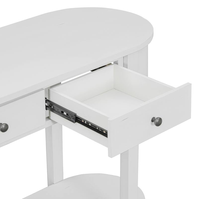 Curved Console Table with 2 Storage Drawers and Metal Handles, Wooden Hallway Tables Entryway Table wOpen Storage Shelf
