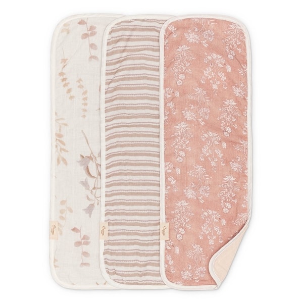slide 2 of 6, Violet Floral Cotton Muslin Baby Burp Cloth Set (3 Pack)