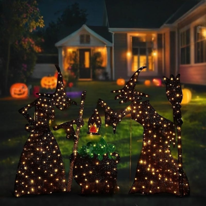 Glitzhome 5ft Pre-lit Halloween 3D Witches with Cauldron Lighted Outdoor Decor