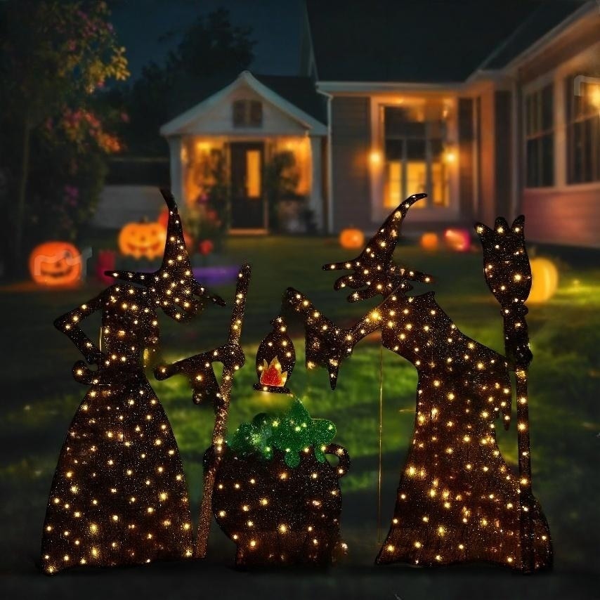 Glitzhome Set of 3 Pre-lit Halloween 3D Witches with Cauldron Lighted Outdoor Decor