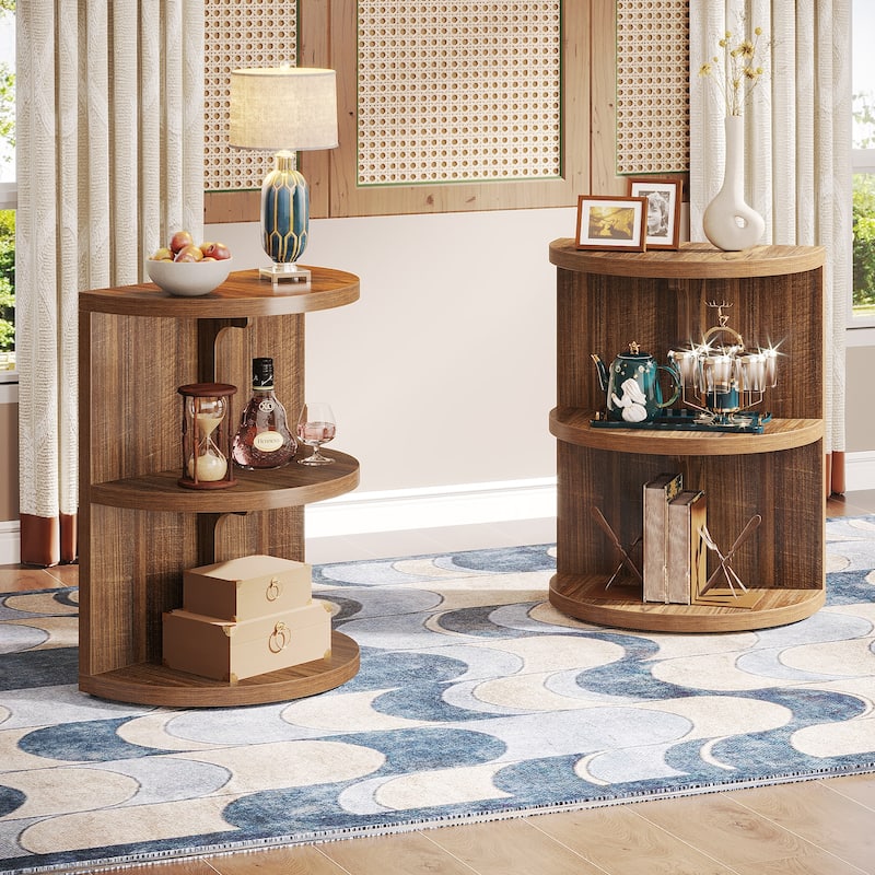 3-Tier Rustic Brown Semi Circle Side Table - Brown - 2 pcs