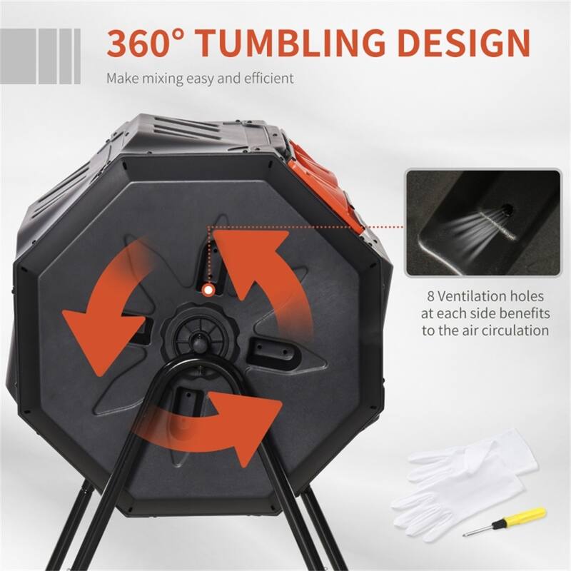 Two-Chamber Tumbling Compost Bin with 360 Rotating Design - 28''L x 25.5''W x 37.75''H