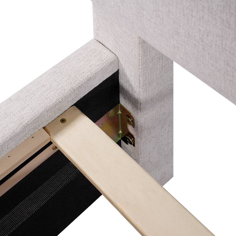 Ivory Linen Upholstered Platform Bed Frame with Wavy Headboard/Solid Wood Frame and Legs/Wooden Slat Support/Easy Assembly/Queen