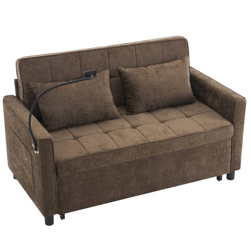 Roomfitters Loveseat Pull-Out Sofa Bed with Reversible Backrest Cushion, Side Pockets, USB Ports, and Phone Holder