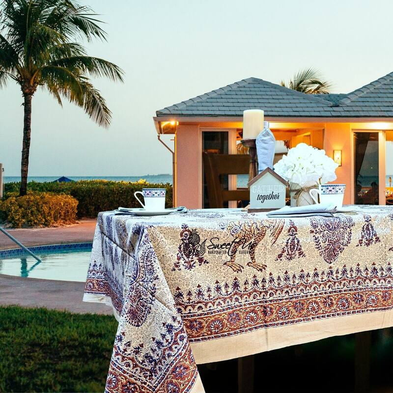 Peacock Paradise Paisley Floral Hand Block Print Cotton Tablecloth - 86 x 102 in.