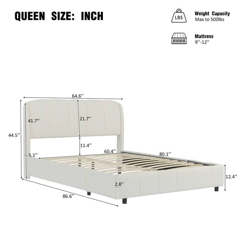Queen Size Boucle Fabric Upholstered Platform Bed with Curve-Shaped Headboard