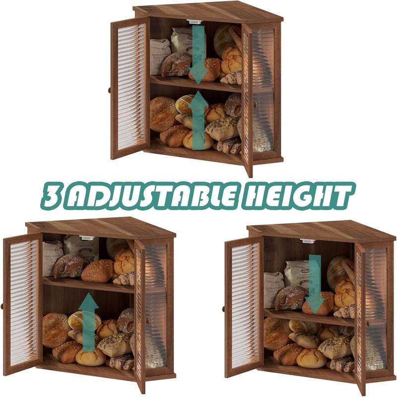 Extra-large locust wood square bread box 16.5-inch wooden bread box with glass wave door, farmhouse style design.