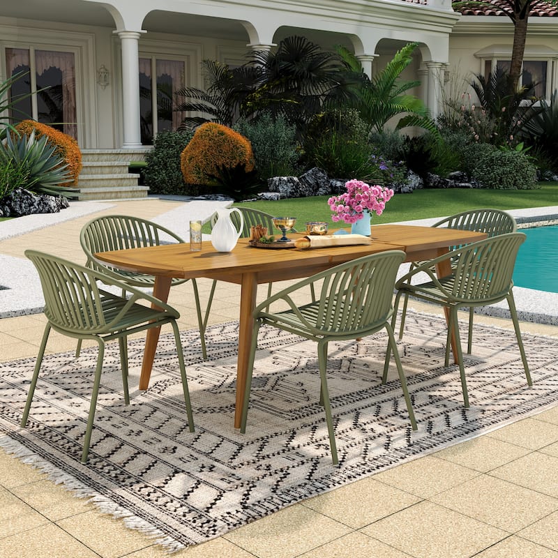Christopher Knight Home - Emma Outdoor Wood and Resin 7 Piece Dining Set with Expandable Table - Green+Brown