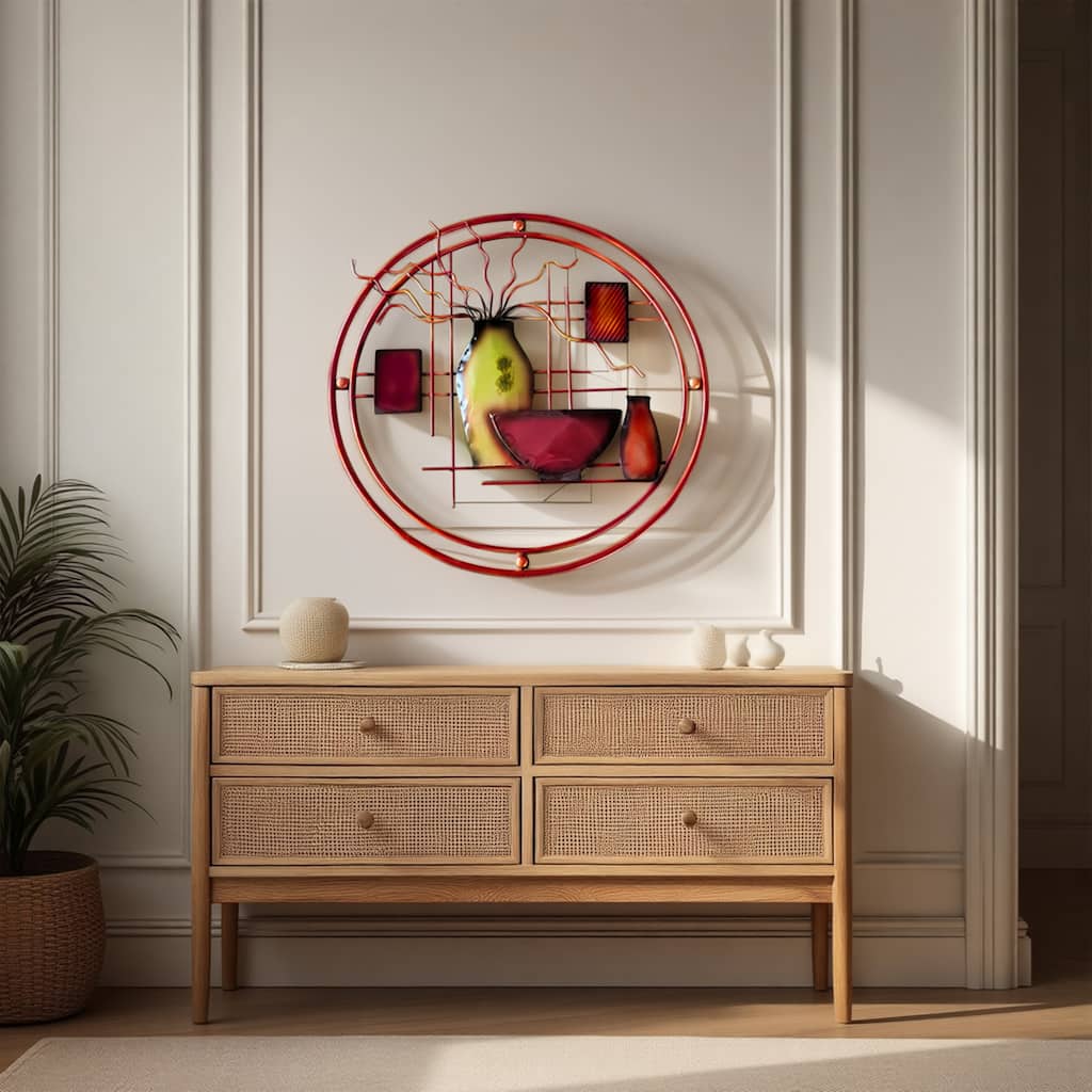 22 Inch Round Metal Wall Decor With Vase, Multicolor