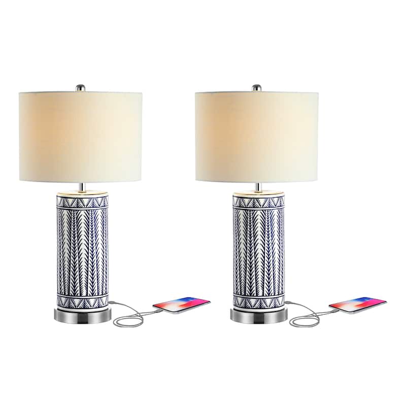Serge 27" Ceramic/Iron Contemporary USB Charging LED Table Lamp, Navy/Chrome by JONATHAN Y - Navy