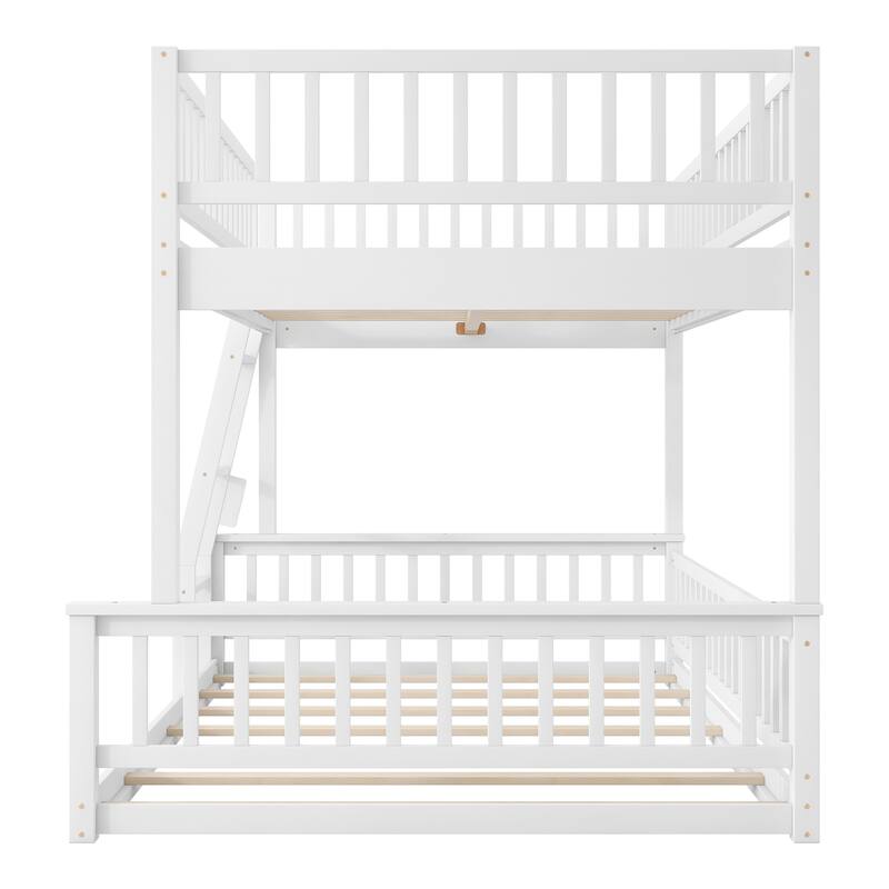 Floor Bunk Bed Frame with Ladder and Guardrails, Detachable Design Wooden Bunk Bedframe into 2 Separate Platform Beds