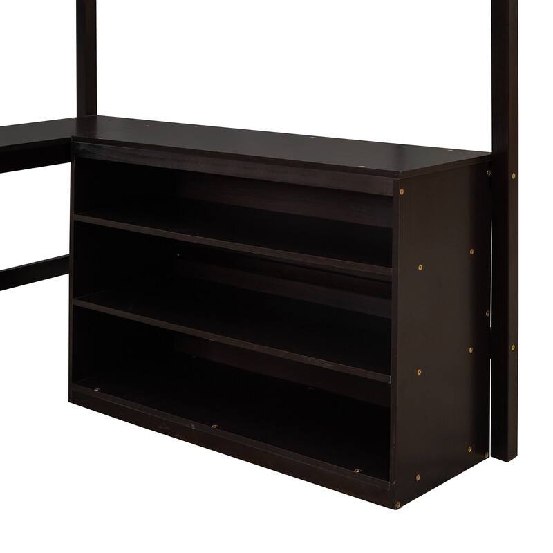 Full Size Loft Bed with Shelves and Desk, Wooden Full Loft Bed Frame with Desk