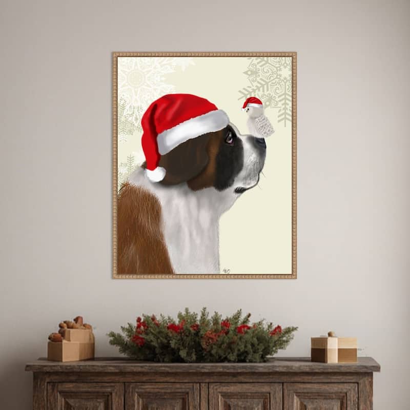 Christmas St Bernard and Fluffy Owl by Fab Funky (23 x 28 in.), Framed Canvas Wall Art Print - Sylvie Beaded Rustic Natural