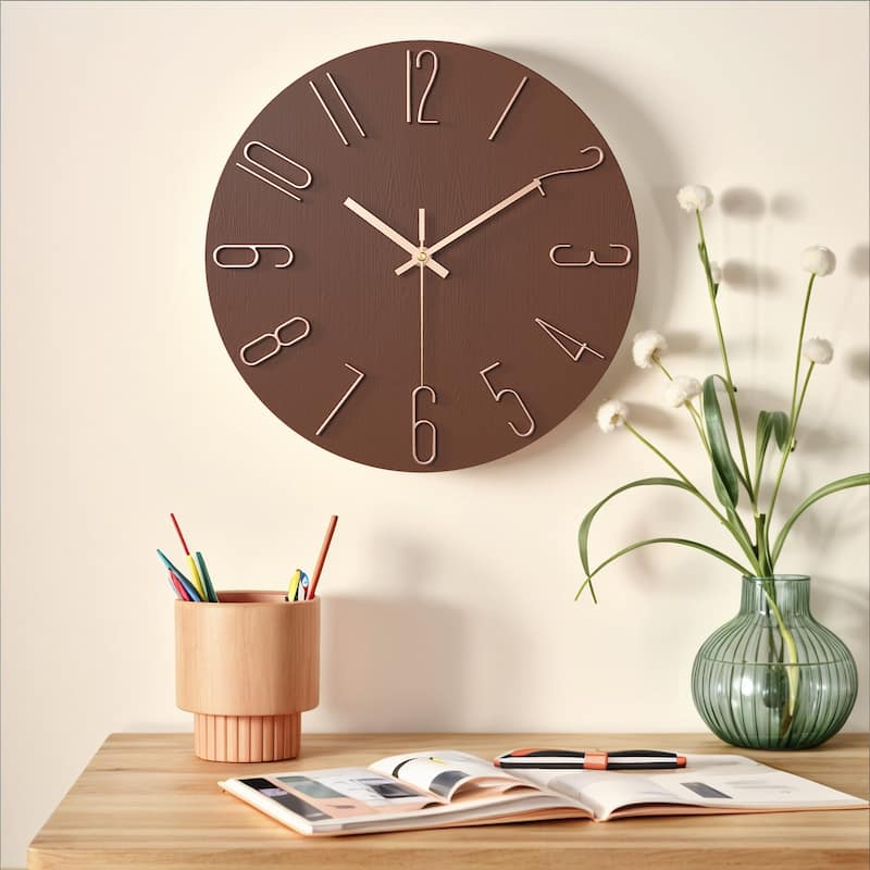 Wall Clock Silent Non-Ticking Analog Clocks Battery Operated Classic Decorative for Kitchen, Office, Bedroom 12 inch - 12 Inch - Brown