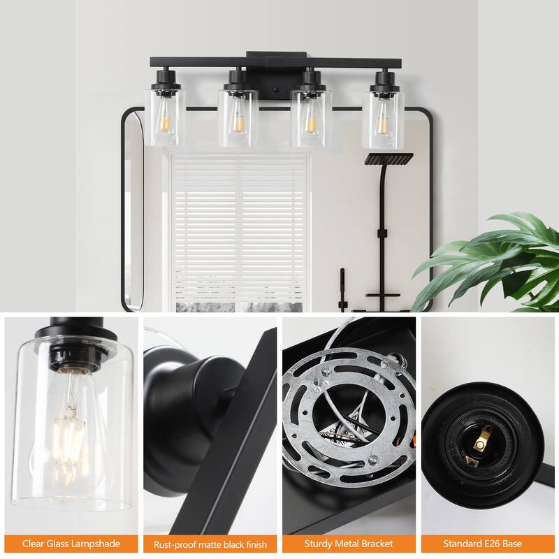 24" 4-Light Vanity Light with Clear Glass Shades, Modern Iron Metal Bathroom Wall Fixture for Mirror (No Bulbs)