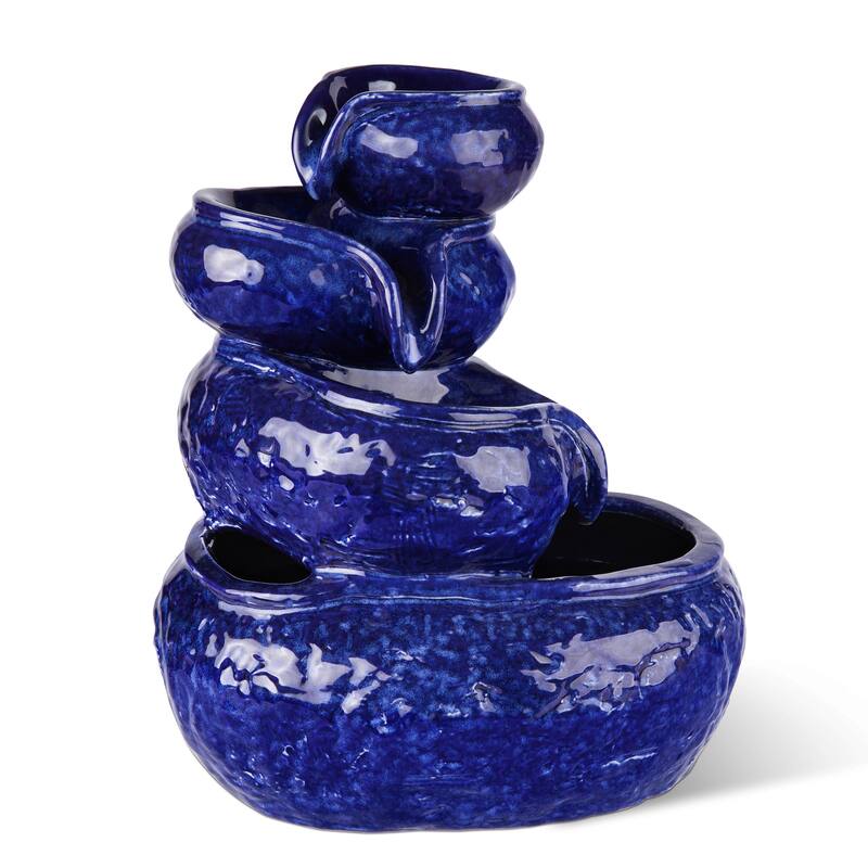 Glitzhome 11.75"H 4-Tiered Ceramic Cobalt Blue Table Fountain with Pump