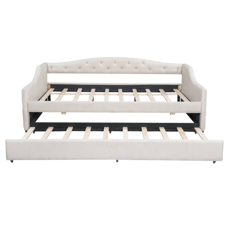 Full XL Upholstered Daybed with LED Lighting and Trundle in Beige