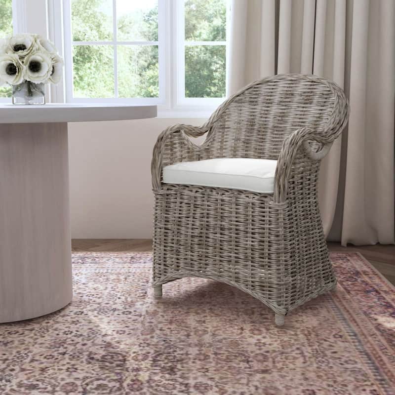 Natural Rattan Handwoven Wicker Armchair With Cushion by East at Main - Whitewash
