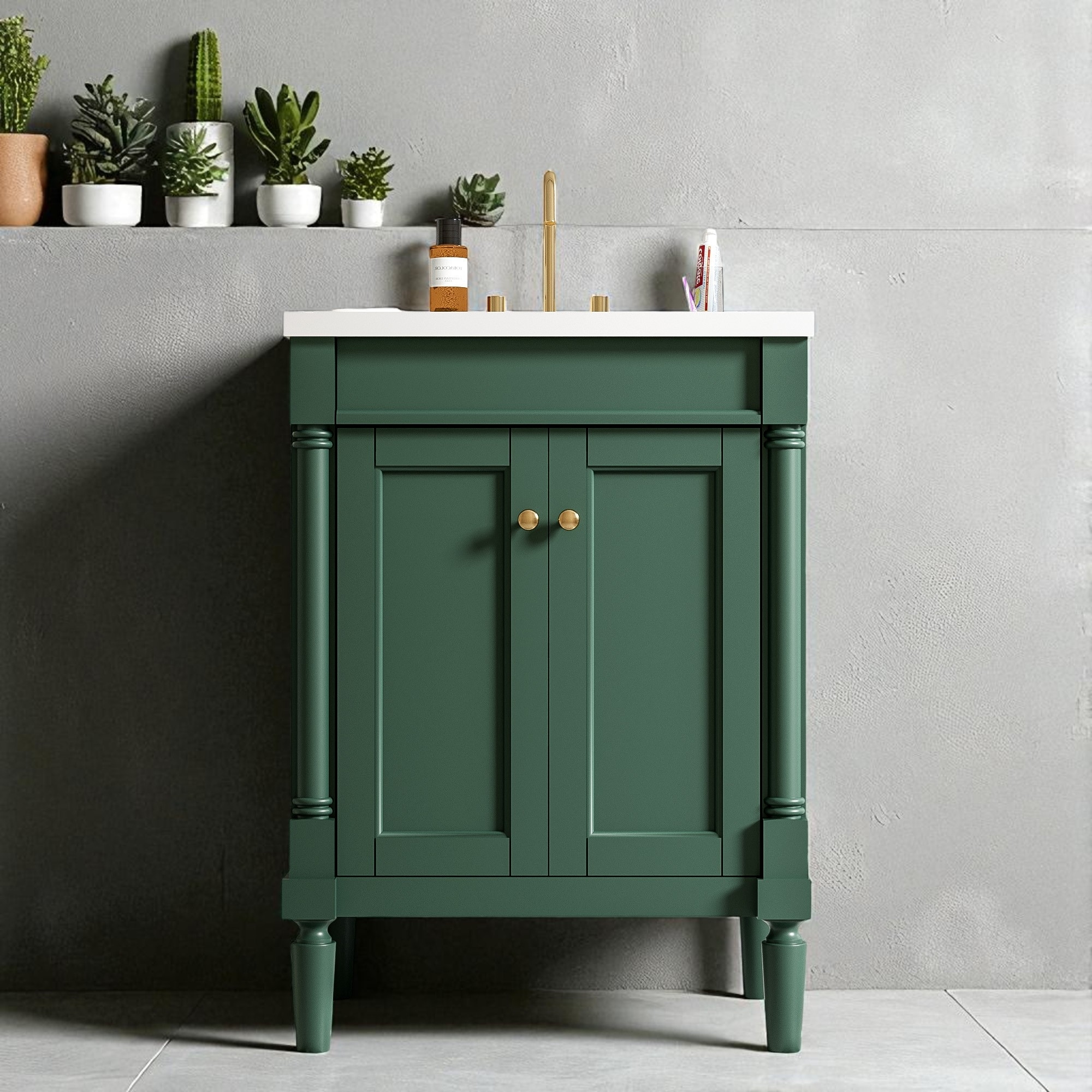 24'' Bathroom Vanity with Ceramic Sink Top, Freestanding Storage Cabinet with Doors,Solid Wood Frame Bathroom Cabinet with Shelf