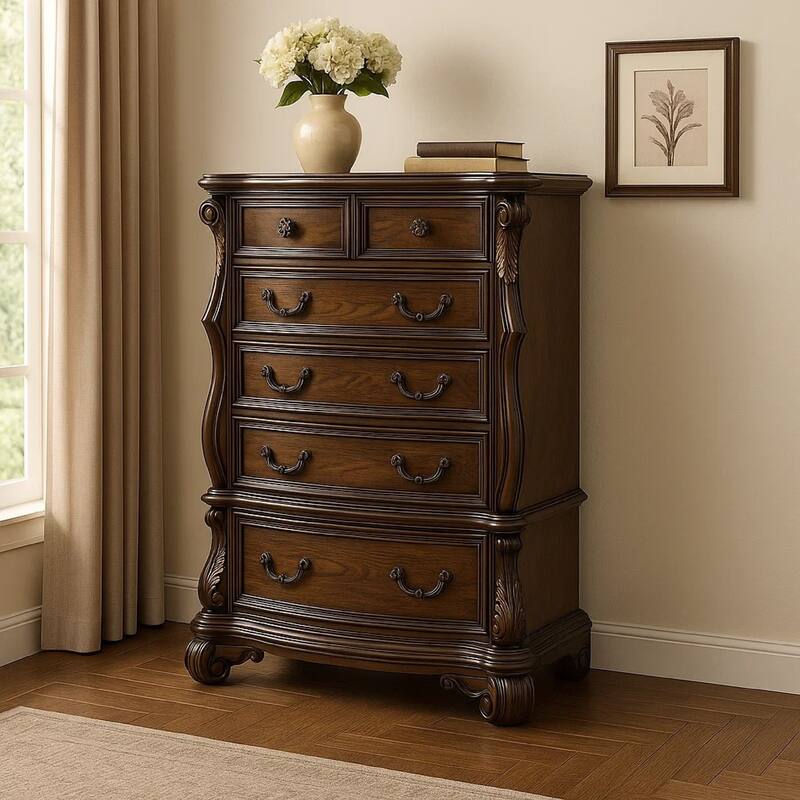 Leova Tall Dresser Chest, 6 Drawers w Ornate Molding, Brown Asian Hardwood