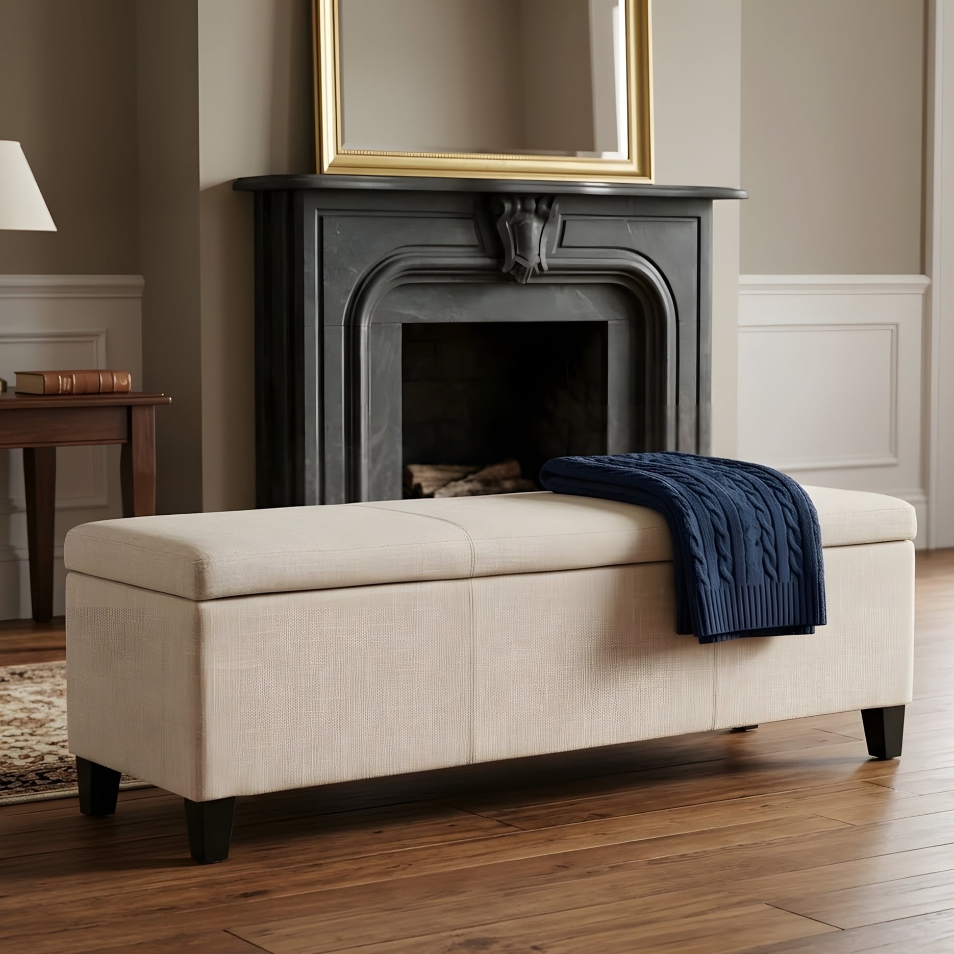 Upholstered Storage Ottoman, Solid Wooden Legs