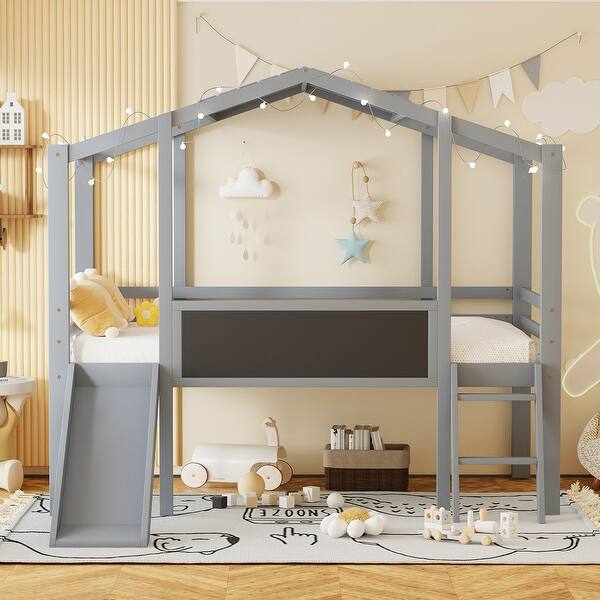 slide 2 of 35, Twin Loft Bed with Slide, Blackboard, and Light Strip, Grey - Fun Design Grey