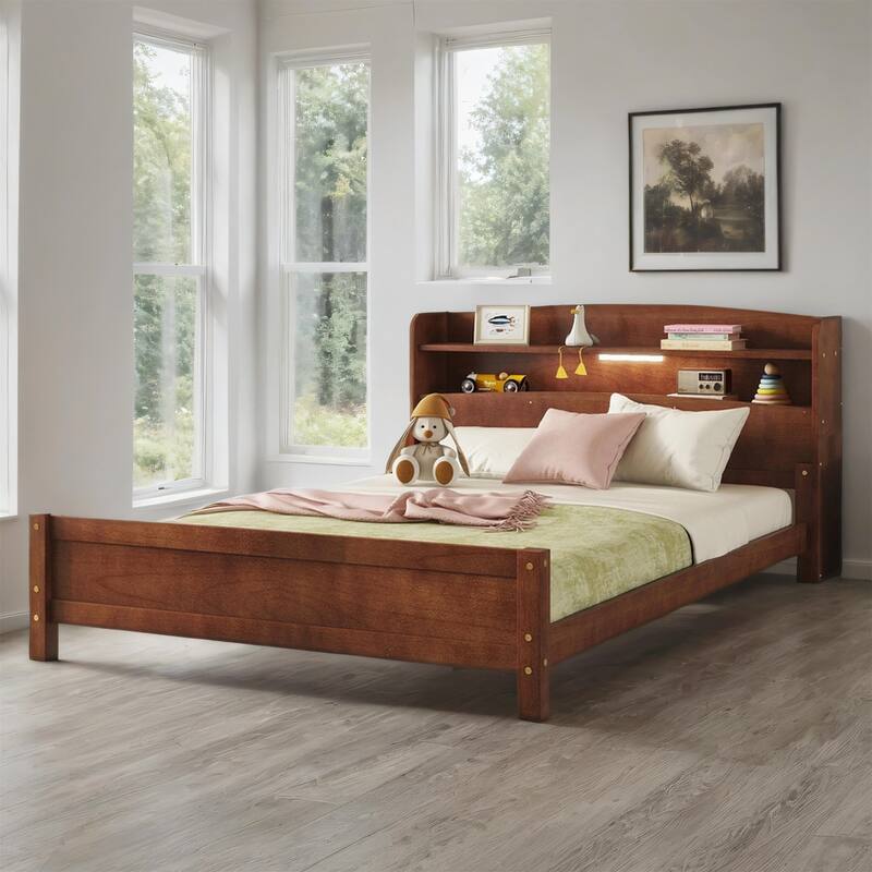 Full Size Pine Bed w/ Bookcase Headboard ,LED Sensor Light, Guardrails