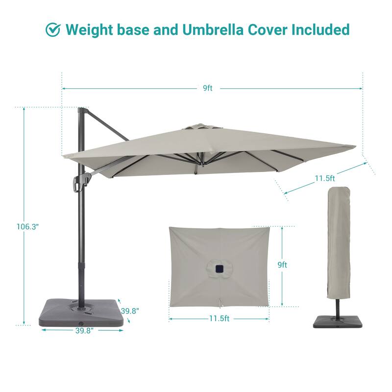 BONOSUKI Outdoor 11.5x9FT Cantilever Patio Umbrella 360 Rotation w/Base
