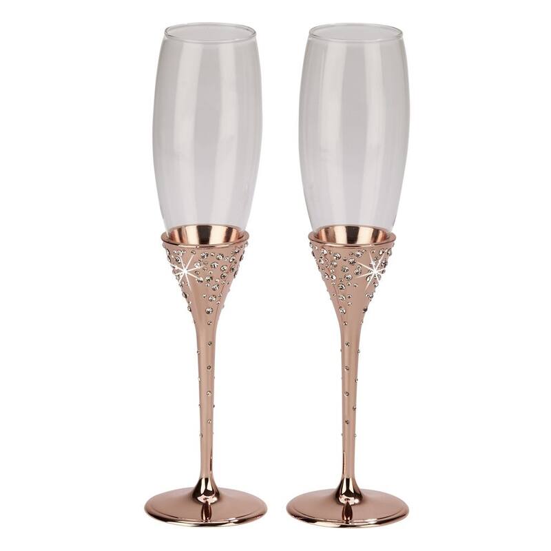 10.5" Rose Gold Champagne Flutes Set of 2 Crystal-Studded Wine Glasses for Parties & Events - 10.5"H