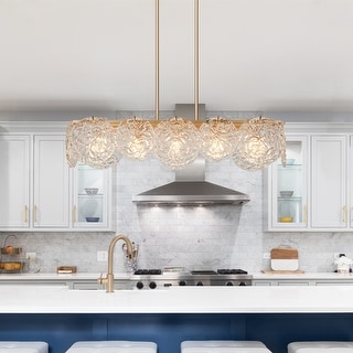 Modern Gold 5-Light 33" Rectangle Glass Chandelier Island Lights for Dining Room - 33" L x 9" W x 7.5" H