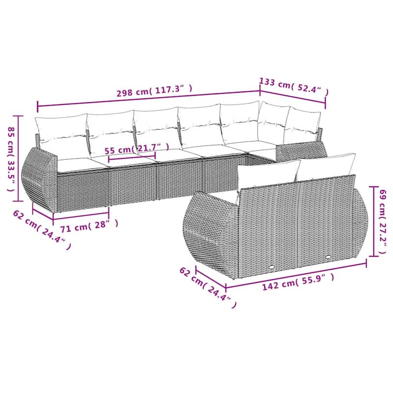 vidaXL 8 Piece Patio Sofa Set with Cushions Grey Poly Rattan - 24.4" x 24.4" x 27.2"