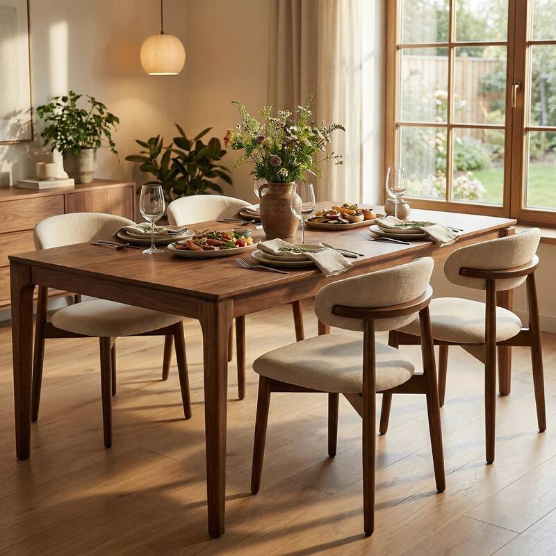 Wooden Dining Chairs Set of 2, Modern Fabric Upholstered Dining Room Chair with Curved Back, with Adjustable Foot Pads