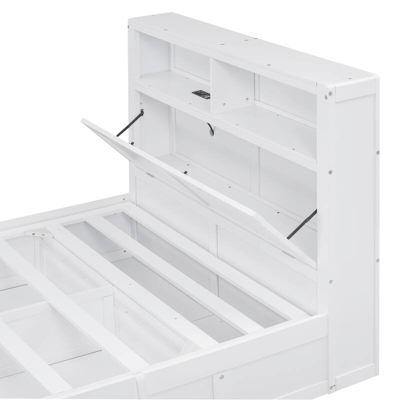 Full Size Hydraulic Platform Bed with Storage, LED Headboard, Charging Station, and 2 Drawers in White