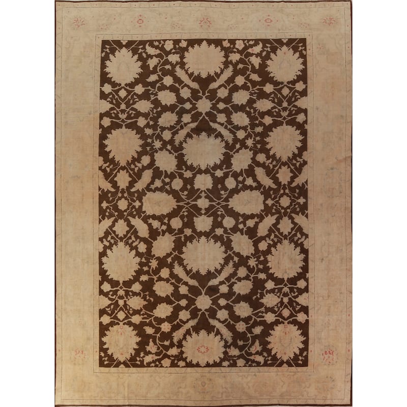 Vegetable Dye Brown Floral Oushak Turkish Rug Hand-Knotted Wool Carpet - 10'4"x 12'9"