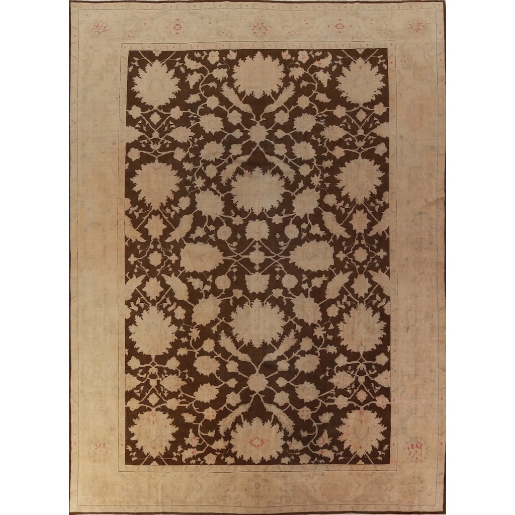 Vegetable Dye Brown Floral Oushak Turkish Rug Hand-Knotted Wool Carpet - 10'4"x 12'9"